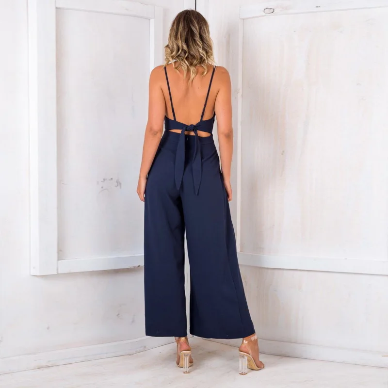 

2021 New Solid Color Sexy Female Backless Jumpsuit Summer Suspenders V-neck Overalls Fashion Bow Trousers