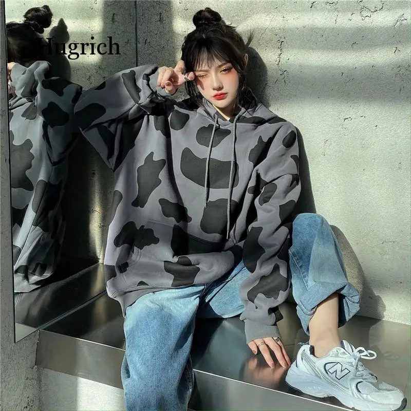

New Ladies Hoodie Cow Pattern Print Coat Streetwear Tops Female Hoodies Oversized Loose Short Sleeve Harajuku Female Keep Warm