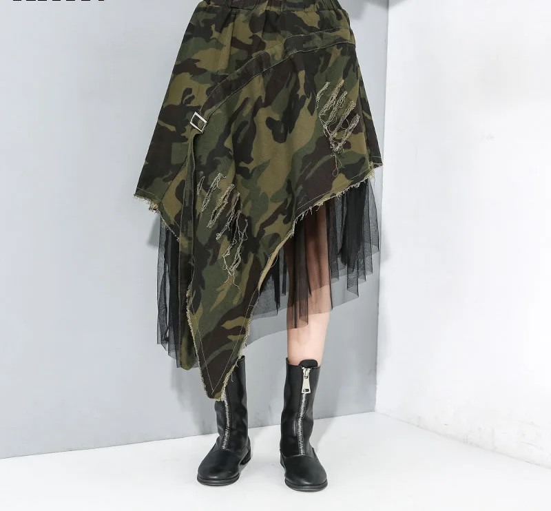 

Mesh Irregular Skirt Fashion New Elastic Waist Leopard Hole Small Fresh High Waist Patchwork Loose Casual Skirt