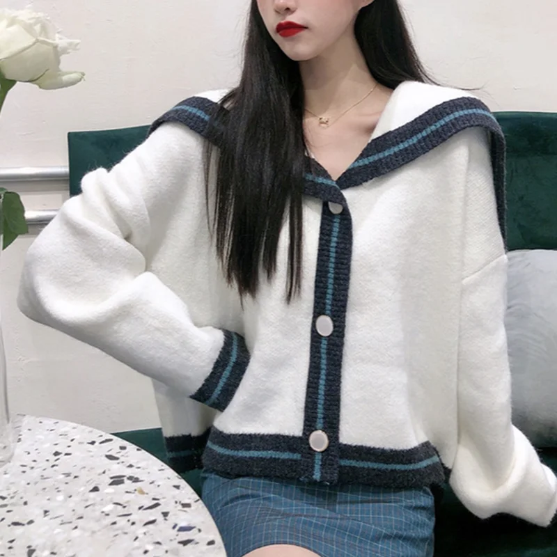 

Women Sweater Loose Cardigan Harajuku Korean Elegant Sweet Za Casual Chic Navy Style Turn Down Collar Knit Knitted Wear Female