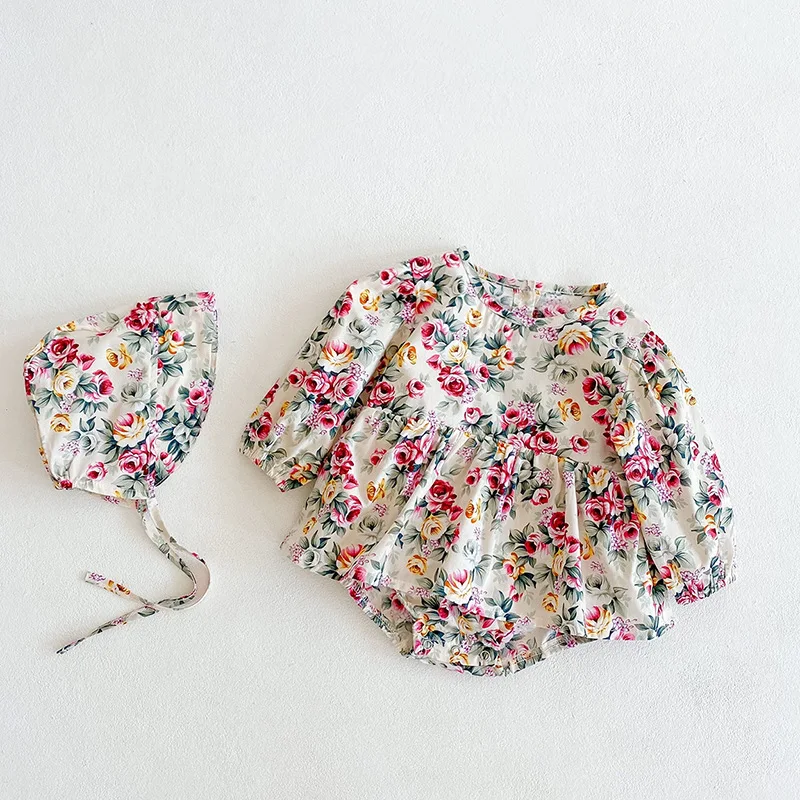 

2021 Spring New Baby Girl Flowers Rompers+hat Cotton Printed Body Clothes Toddlers Newborns Birthday Romper Body Wear