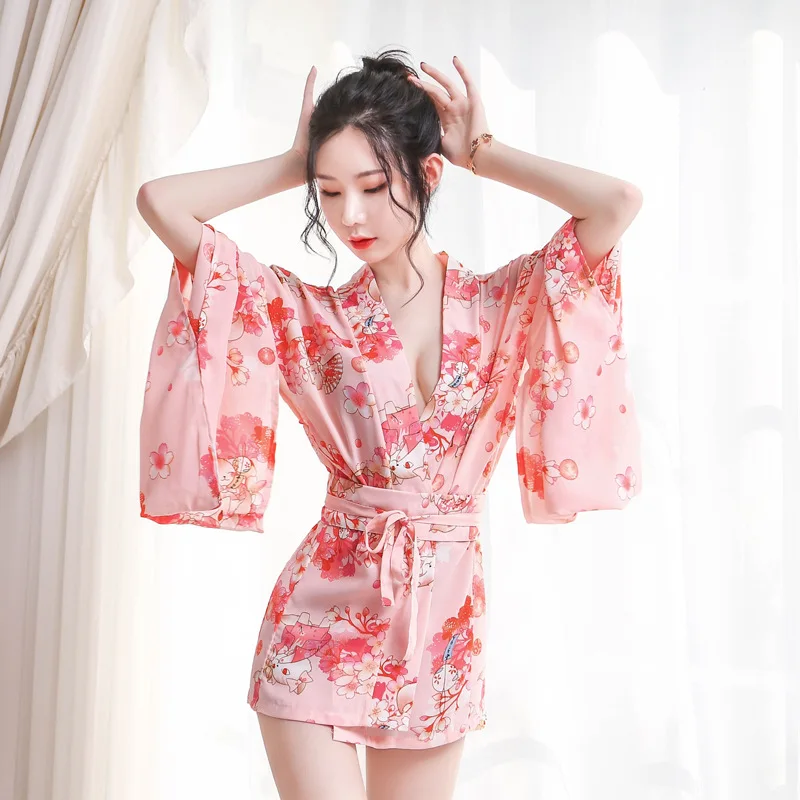 

Pink Kimono Sheer Robe Dress Plus Size Print Bathrobe Womens Tops and Blouses Temptation Sleep Wear Wedding Bridesmaid Robes