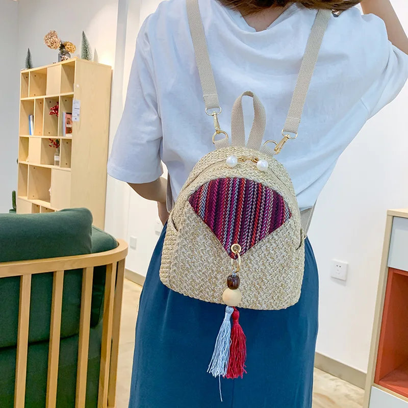 

Emerald Bohemian Bag Female Ethnic Style Backpack Woven Tassel Mini Backpack Casual Personality New Straw Bag