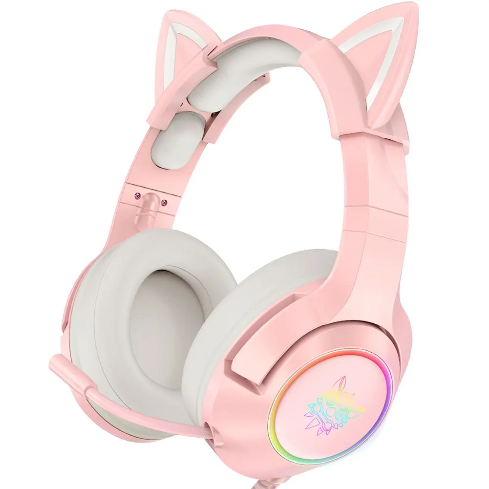 Satılık ONIKUMA K9 Oyun Kulaklığı Casque Sevimli Kız Pembe Kedi Kulak Stereo Mikrofonlu Kulaklıklar Ve LED ışık Dizüstü Bilgisayar Için Oyun