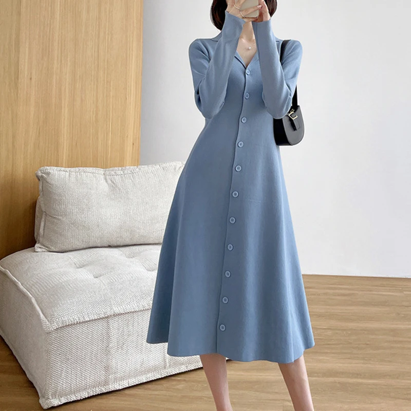 

Autumn winter new elegant button long-sleeved sweater Dress women's 2021 outer wear cardigan V neck knitted a-line dress Lady