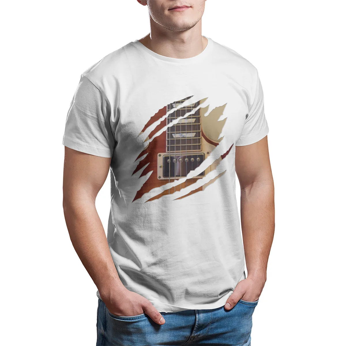 

Electric Guitar Ripped Guitarist T-Shirt Custom Vintage Oversized Tops Hip-Hop T-shirt