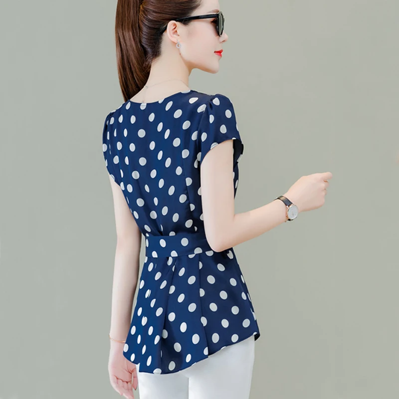 Женская шифоновая блузка в горошек с коротким рукавом | одежда