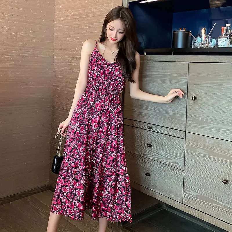 

Women's Dress 2021 Summer Retro French Floral Strap Dress Sexy Sling V-Neck Waist Maxi Dress Ladies A-Line Party Slim Dress