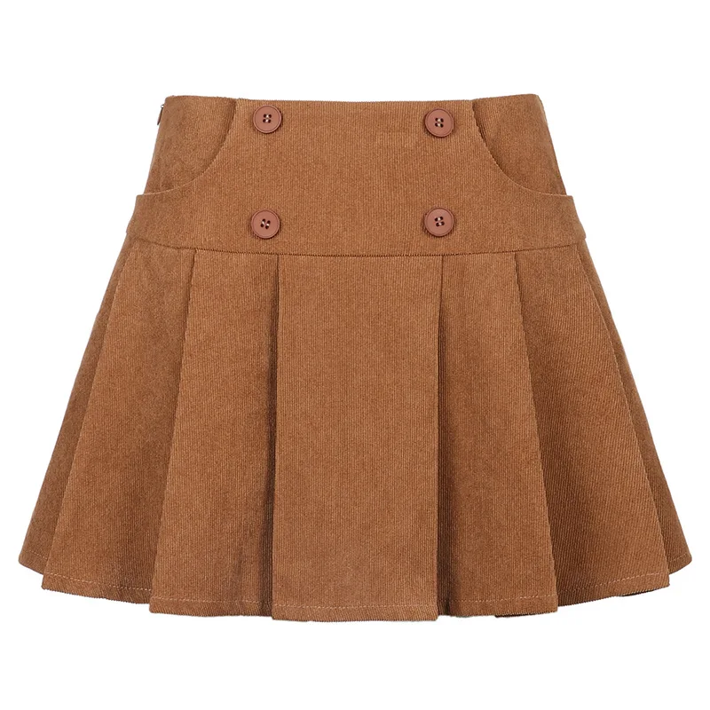 

Casual Mini Skirt for Women 2021 Corduroy Summer Bottom Button Decoration Skirt High Waist Ladies Pleated Skirts PDG2170
