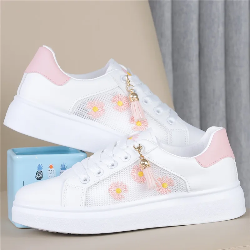 

Shoes Womens Sneakers Tennis Female Roses Fashion Casual Trainers Mesh 2021 Solid Leisure Cotton Fabric Lace-Up Round Toe Basic