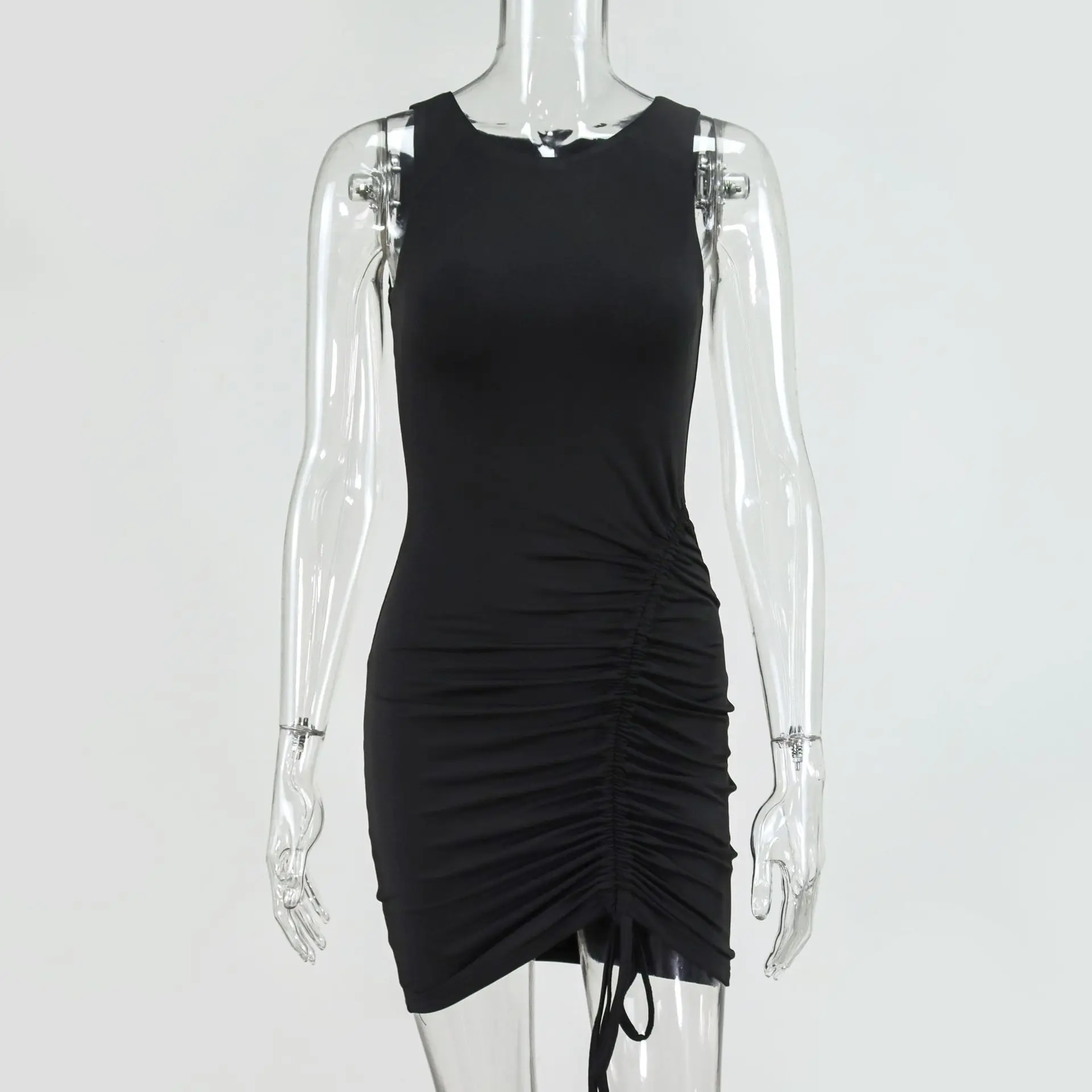 

WJFZQM Cotton Ruched Drawstring Sexy Party Dresses Women Sleeveless Elastic Mini Dress Vintage Summer Bodycon Club Wear Vestidos