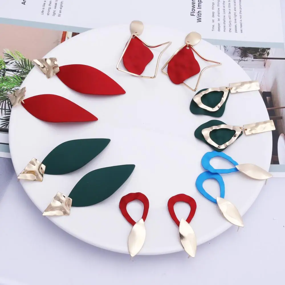 

simple exaggerated Big Earrings for Women Geometric Leaf Earrings Golden irregular punk Jewelry red green blue
