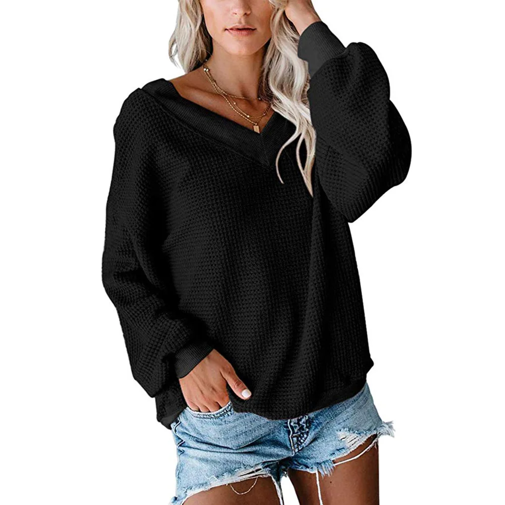 

2021 autumn new women's top waffle V-neck loose long sleeve T-shirt for women