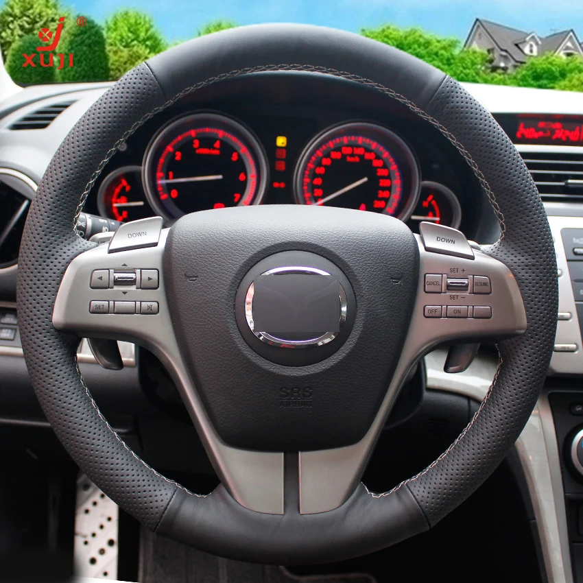 Черная кожаная мужская прошитая вручную чехол рулевого колеса автомобиля для Mazda