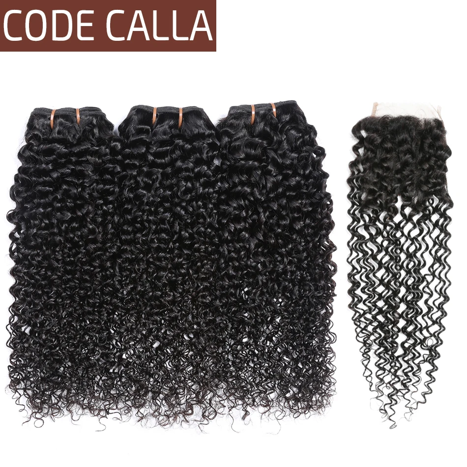 Code Calla Bundles With Closure Remy Kinky Curly Hair 100% Human Peruvian Hair Weave Bundles 6A Grade Natural Black Color