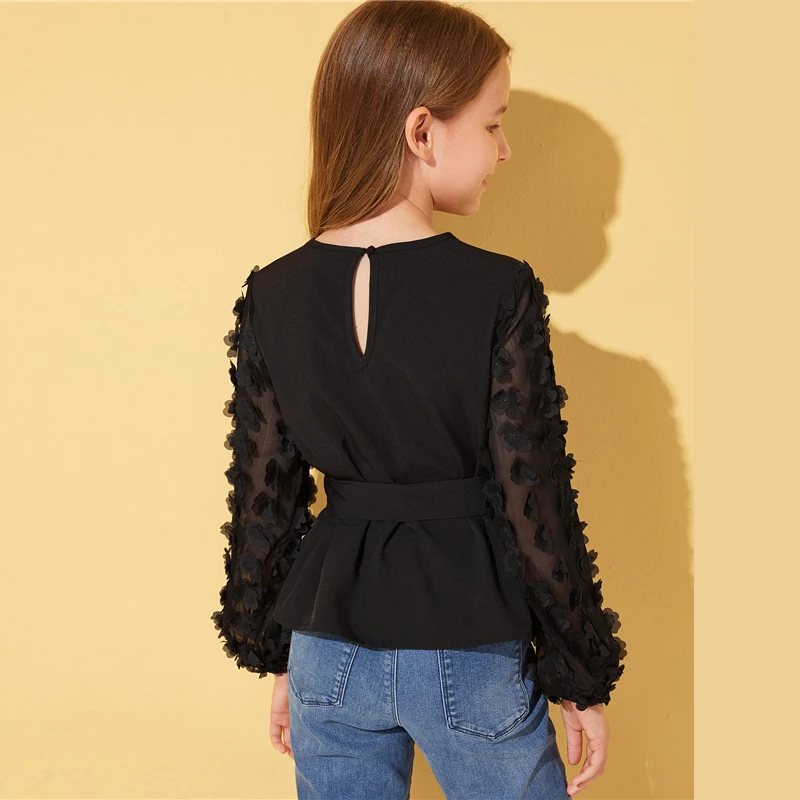SHEIN Kiddie/черная однотонная блузка с аппликацией в сеточку, с рукавом «Бишоп», с поясом, детские топы, коллекция года, Осенние милые блузки на пуговицах сзади