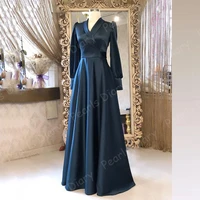 simple long evening dress 2021 a line v neck long sleeve high quality navy blue satin african women formal party gowns