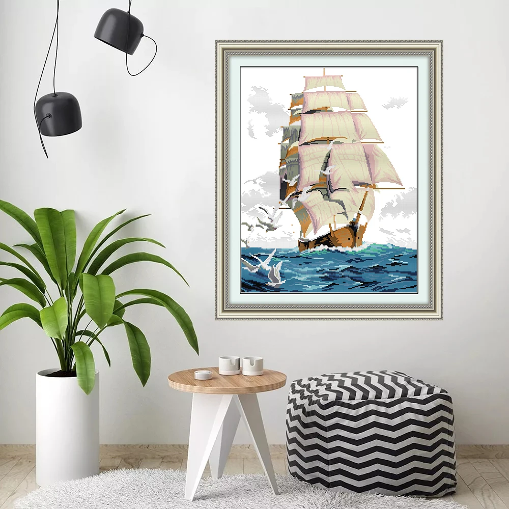 

HUACAN Cross Stitch Sailboat Kits 14ct 11ct White Canvas Cross Stitch Sea DIY Embroidery Set Needlework Gift
