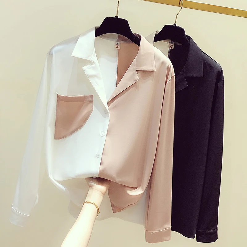 Women Tops Promotion Polyester Regular Pockets Full Blouse Blusa 2020 New Women's Shirt Matching Design Chiffon V-neck Sleeve | Женская