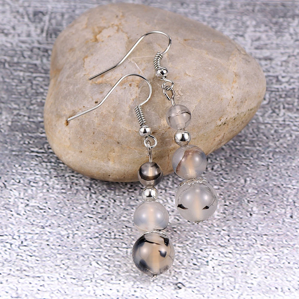 Fashion Women Natural Stone Earrings 6 8 10mm Purple Pink Crystal Beads Long Dangle Hook Drop Earring Jewelry Gifts For | Украшения и