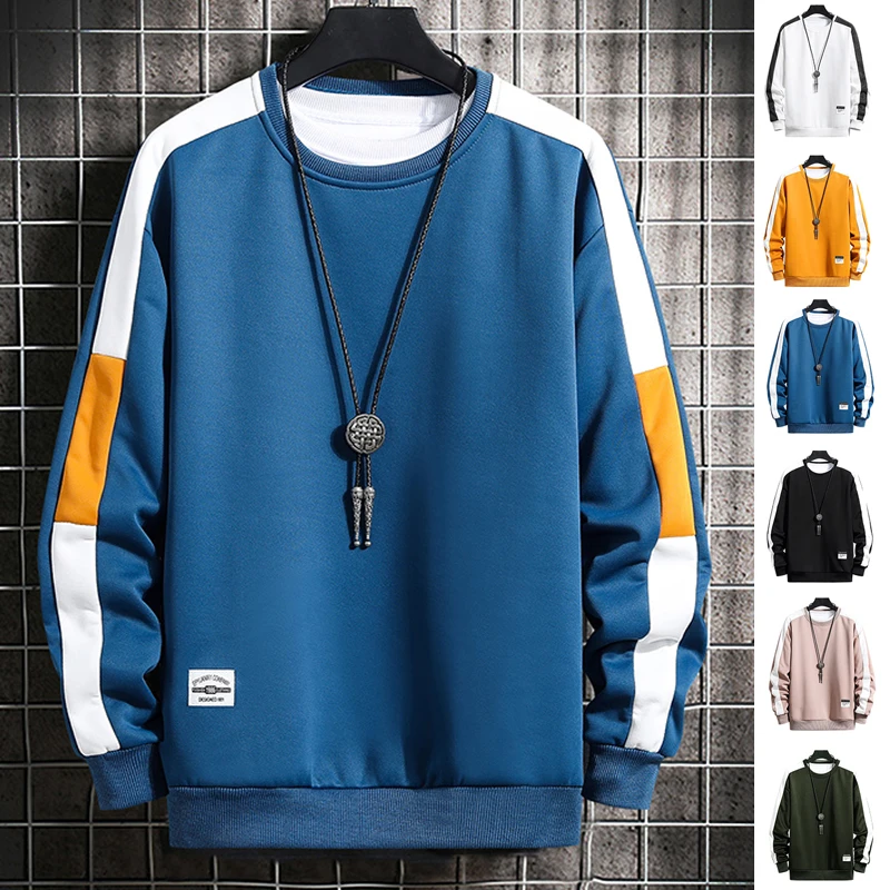 

Long Sleeve Harajuku Sweatshirts Men 2021 New Fashion 6 Color Hoodie Mens Casual O-Neck Patchwork Sweatshirt for Young Men