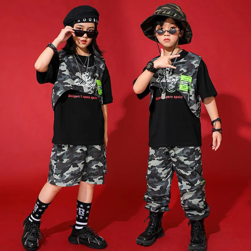 

Детская одежда для концерта в стиле хип-хоп, футболка, топы, жилет, камуфляжные брюки, уличная одежда для девочек и мальчиков, одежда из искус...
