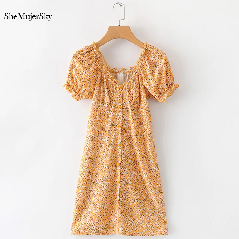 

SheMujerSky Sexy Slim Yellow Dress Women Summer Off Shoulder Floral Print Mini Dresses 2020 Party Dress vestidos