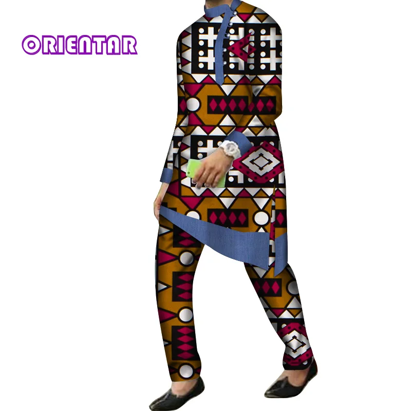 2 Pieces Set Men African Clothes Long Sleeve Shirt and Pants Traditional African Bazin Riche Print Dashiki Suit Trousers WYN844