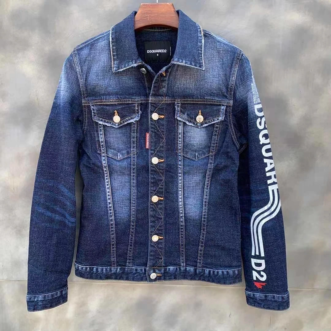 

2021 Trendy Brand Dsquared2 Men's Washed Dark Blue Short Slim Casual Letter Printed Denim Jacket 1916