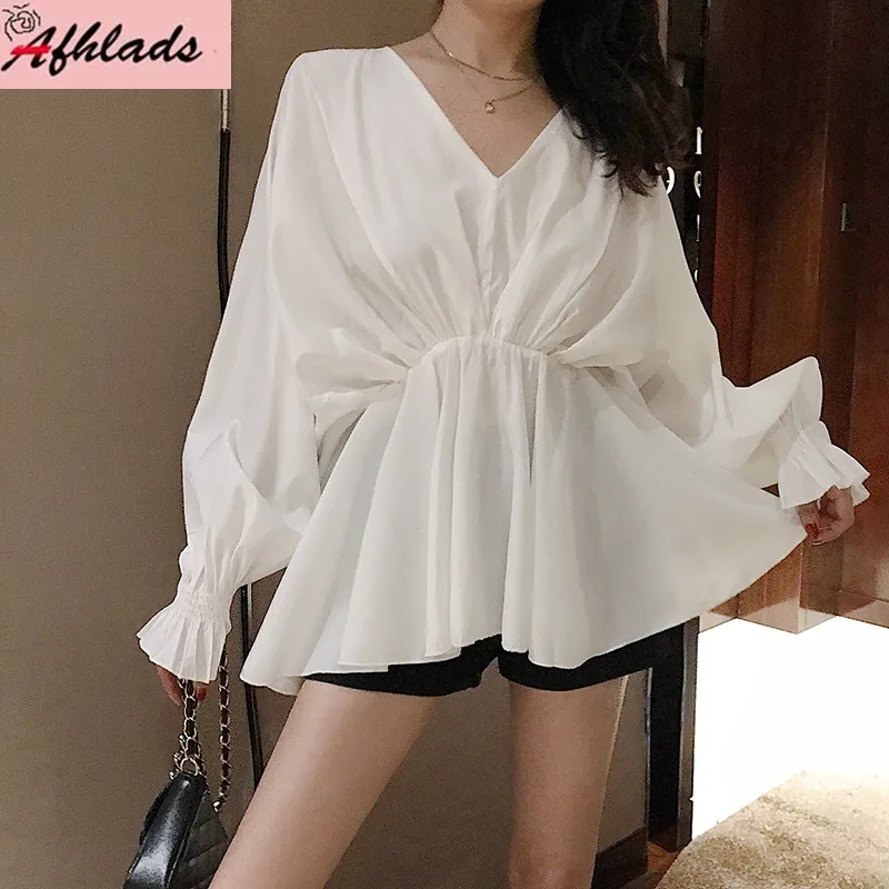 

Женская шифоновая блуза с V-образным вырезом, длинным рукавом «летучая мышь»