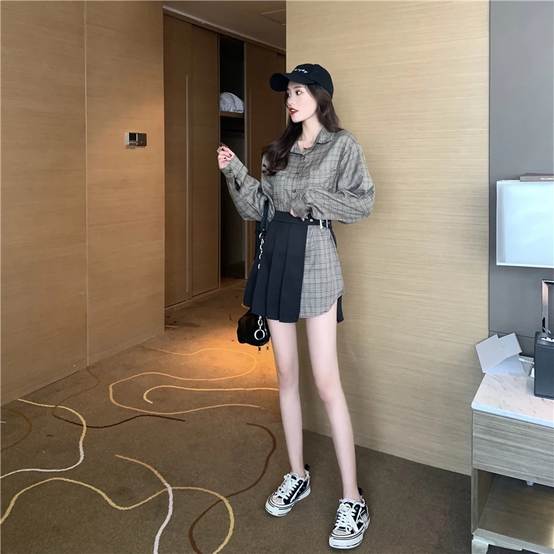 

ZOSOL Women's Loose-Fit Plaid Mid-length Long Sleeve WOMEN'S Shirt Waist Hugging Slimming Pleated Dress 2PC