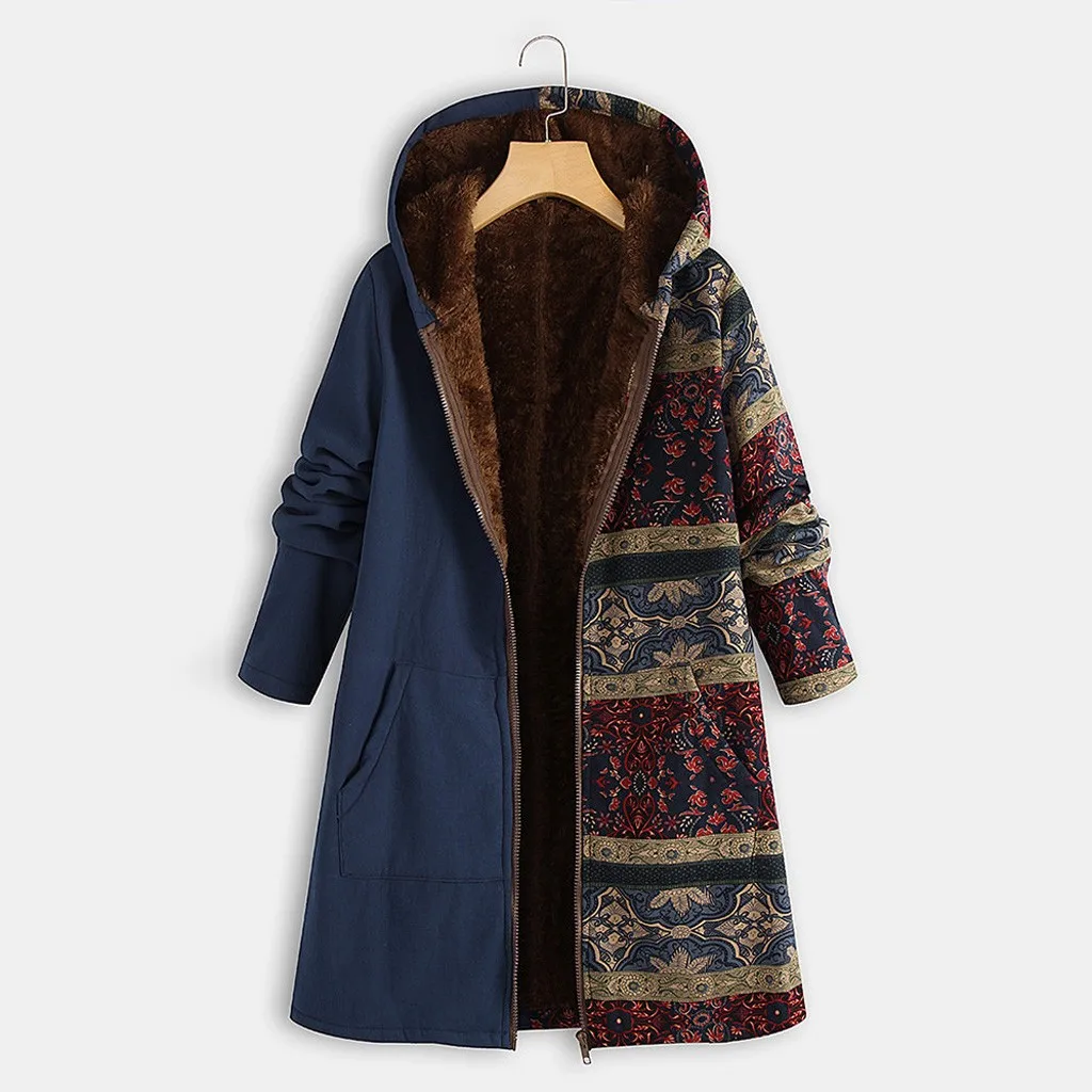 Женское зимнее пальто с капюшоном и длинным рукавом винтажное флисовое плотное