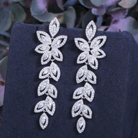 threegraces aesthetic cubic zirconia long leaf shape dangle earrings for women fashion silver color wedding jewelry gift er603
