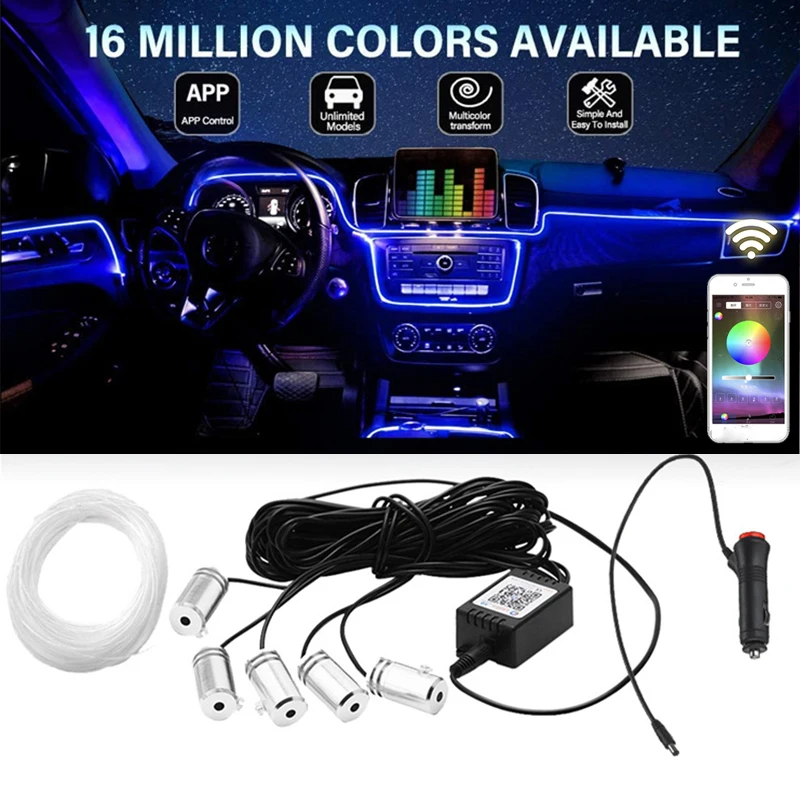 

6 in 1 EL Neon Car Ambient Interior Light Multiple Modes App Sound Control Fiber LED Strip Auto Atmosphere Neon Decorative Lamp