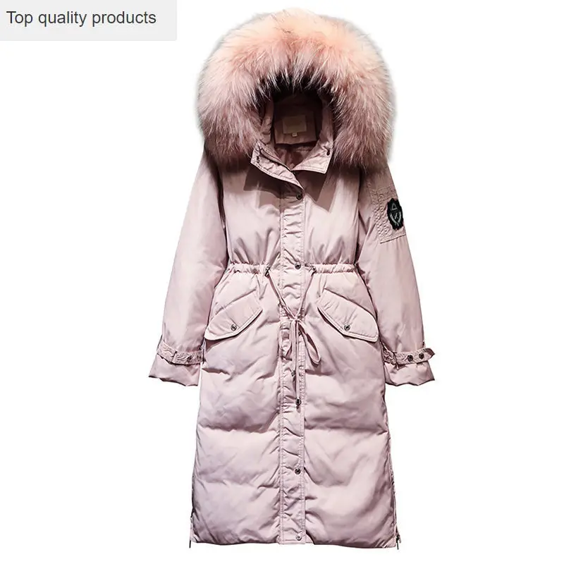

2020 New Women Winter Duck Down Jacket Pink Long Jacket Slim Fur Hooded Outer Solid Color Warm Outwear Korean Style Cacaso AC311