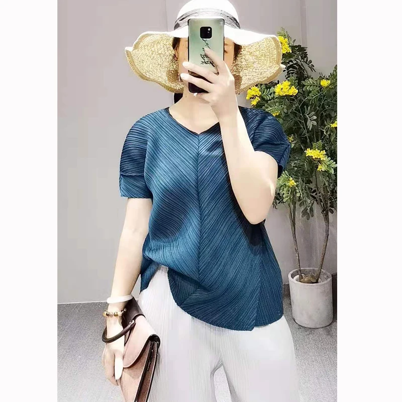Dark blue Changpleat новые женские футболки Топ Miyak плиссированный модный дизайн свободный v-образный вырез корейский стиль короткий рукав женская футболка Tide - Цвет: Dark blue
