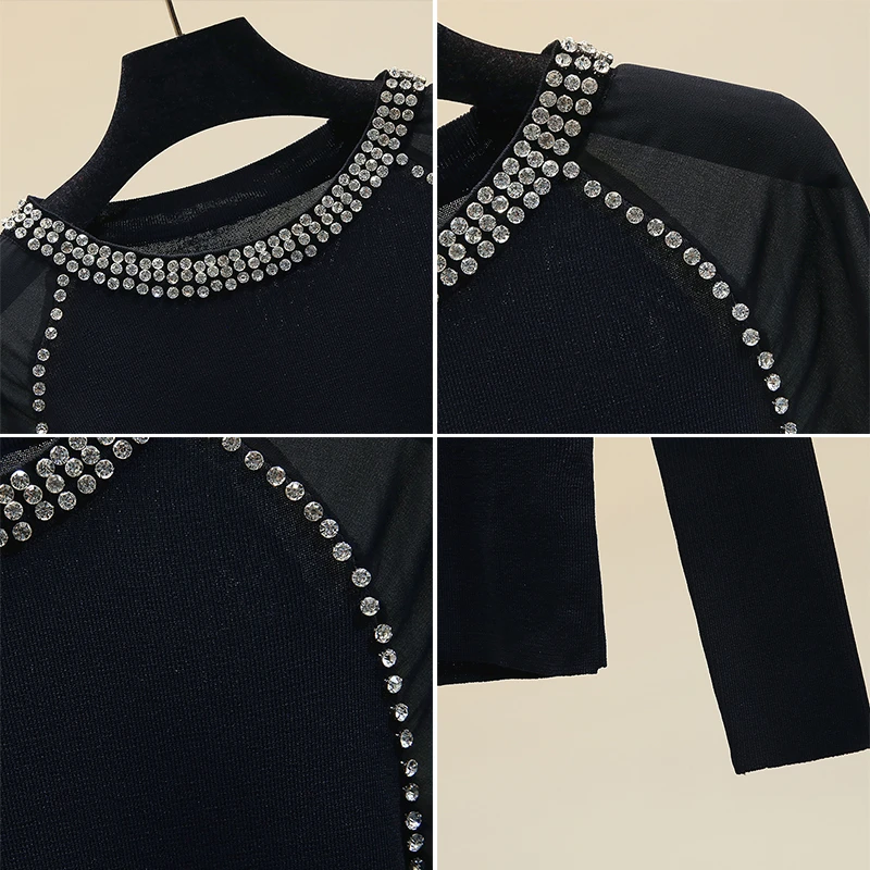 

2021 Spring New Arrival Diamonds Sweater Women Lantern Sleeve Mesh Patchwork Knitted Pullover Modis O-neck Black White Tops
