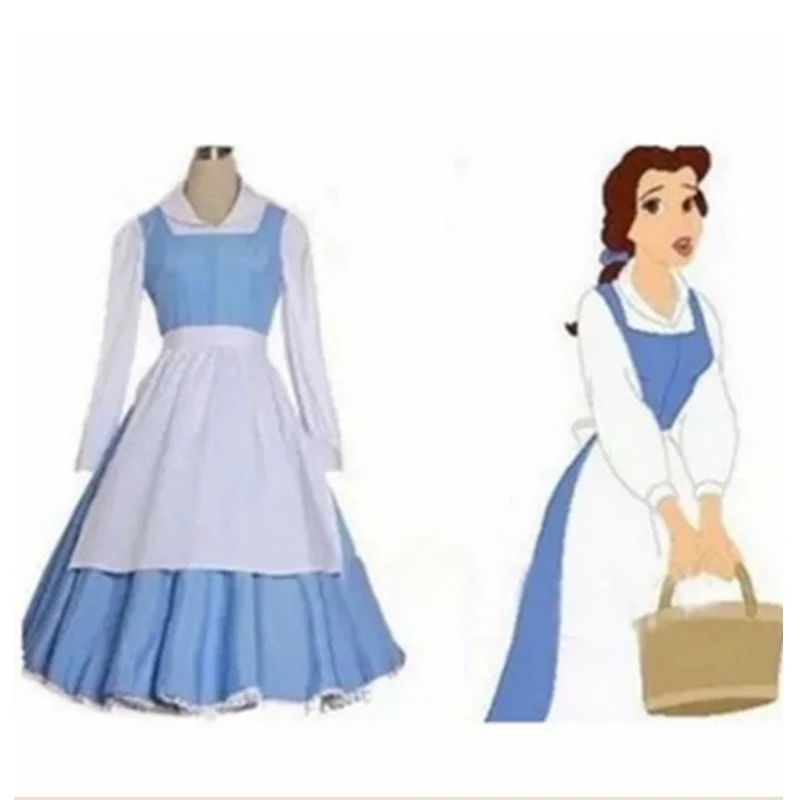 Anime Beauty and the Beast Belle Blue Maid Dress Cosplay Costumes for Adults Women Blue Full Set Dresses Halloween Party Costume