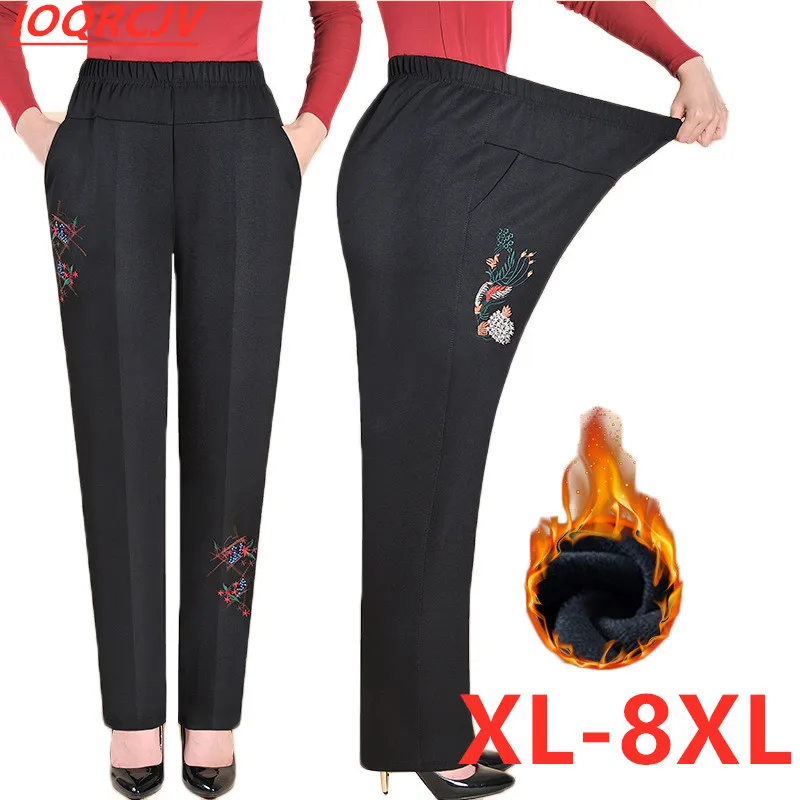 

5XL 6XL 7XL 8XL Women Trousers 2022 New Autumn Winter Stretch Casual Pants Embroidery Middle-aged Female Long Straight Pants