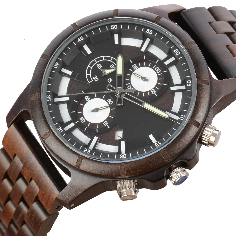

Wooden Watches for Mens Quartz Stopwatch Male Wood Chronograph Wristwatch Date Display Timepieces Best Selling reloj hombre