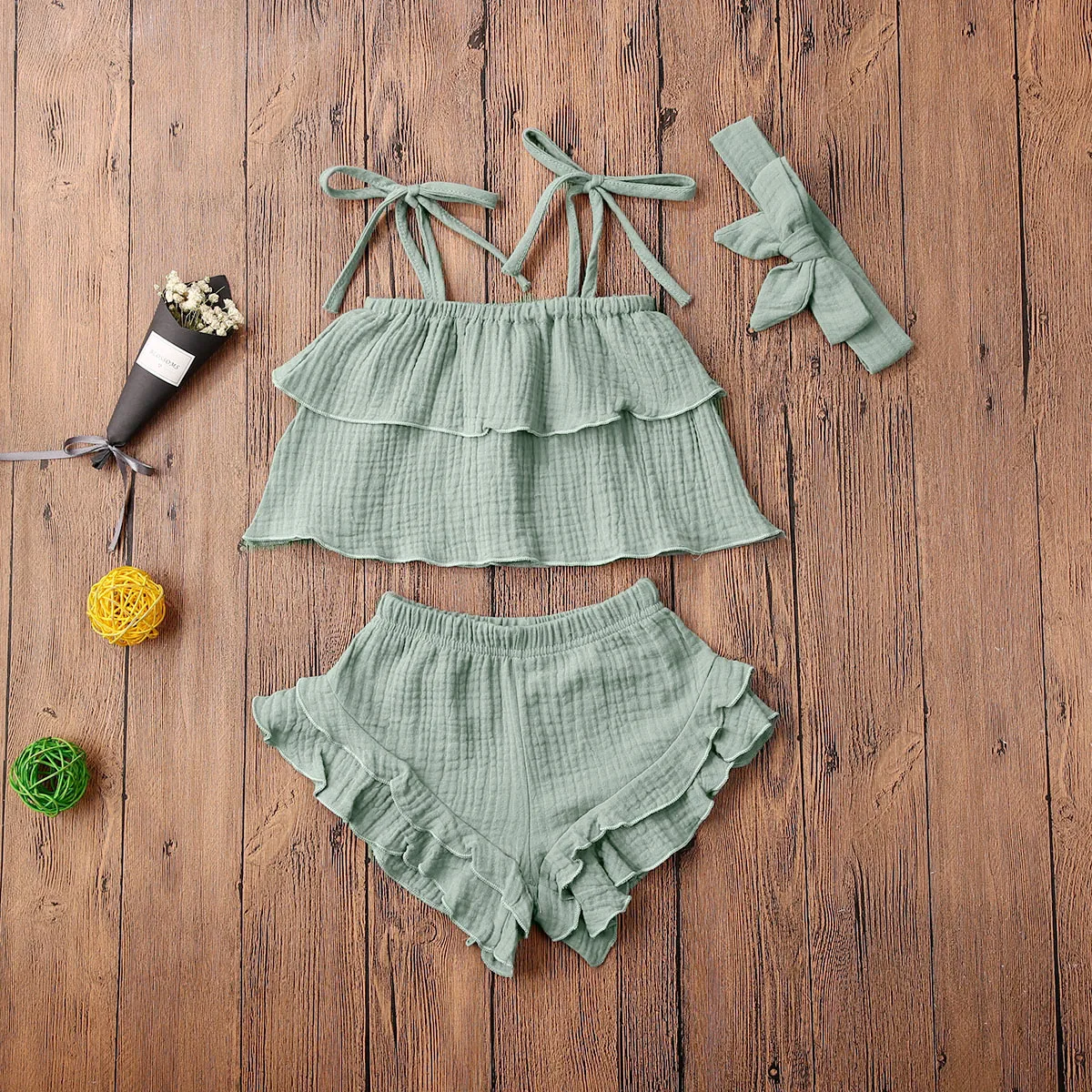 2020 Baby Summer Clothing Infants Girls Top Shorts Lace Pleated Elastic Headband Bow Sleeveless Ruffle 100% Cotton Outfit | Детская