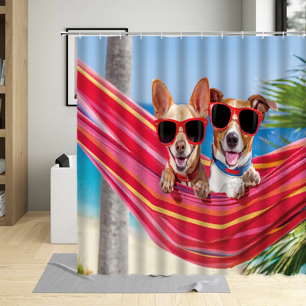 

Creative Summer Beach Seaside Vacation Dog Funny Puppy Pattern Bathroom Curtains Polyester Fabric Bath Shower Curtain With Hooks