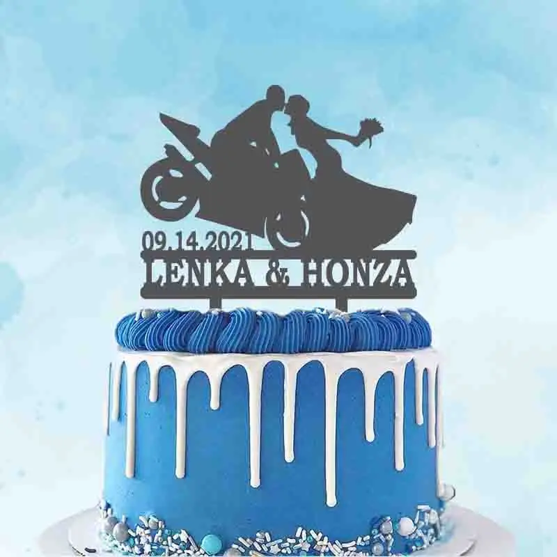 

Custom Couple Name Wedding Date Bride and Groom Riding Motorcycle For Wedding Party Cake Decoration Topper