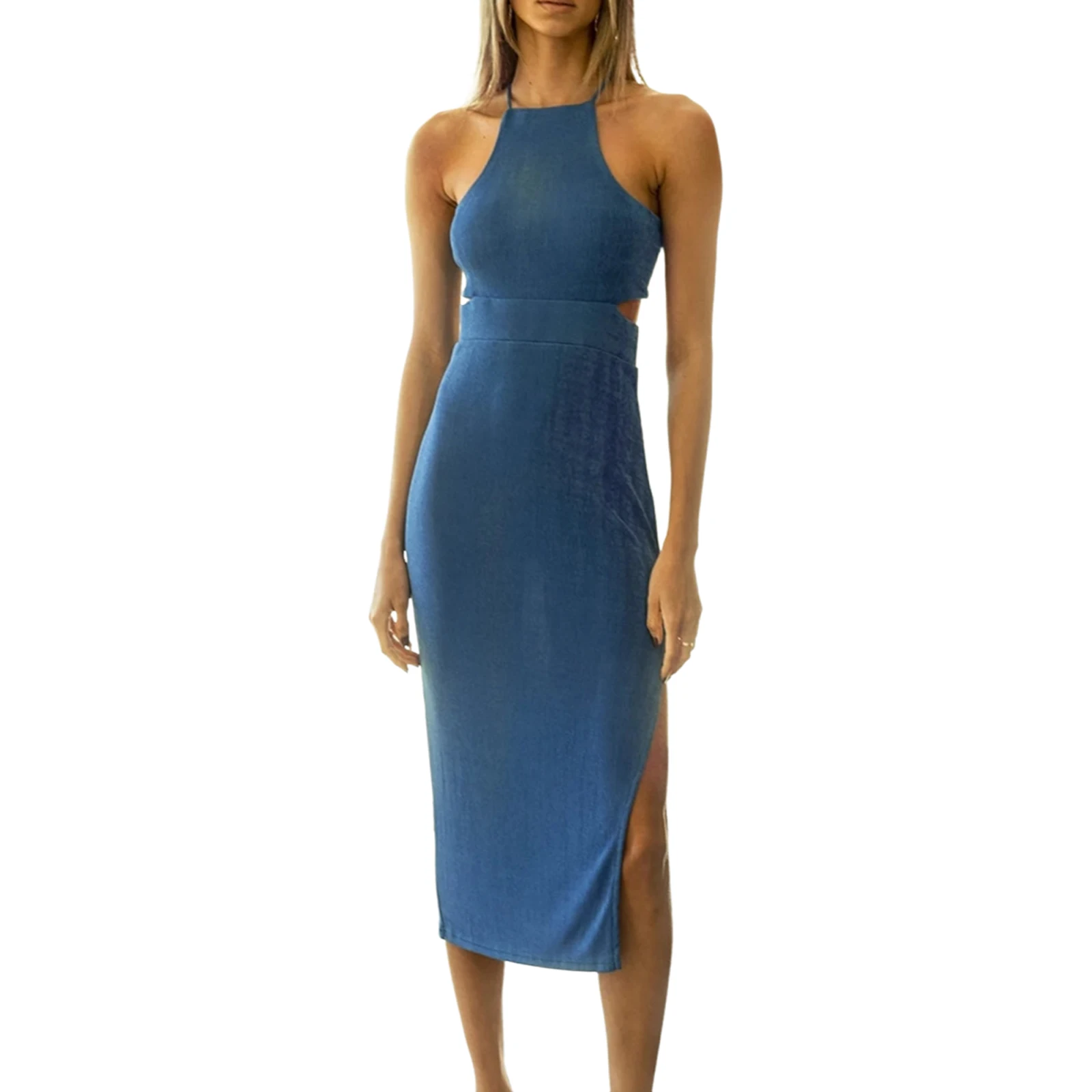 

Women Sexy Halter Backless Sleeveless Bodycon Maxi Dress Irregular Hollow Out Elegant Waist Leg Open Gown Party Dress Sundress