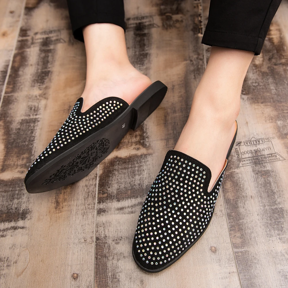 Лоферы ручной работы модные мужские тапочки с блестящими заклепками черные шипы