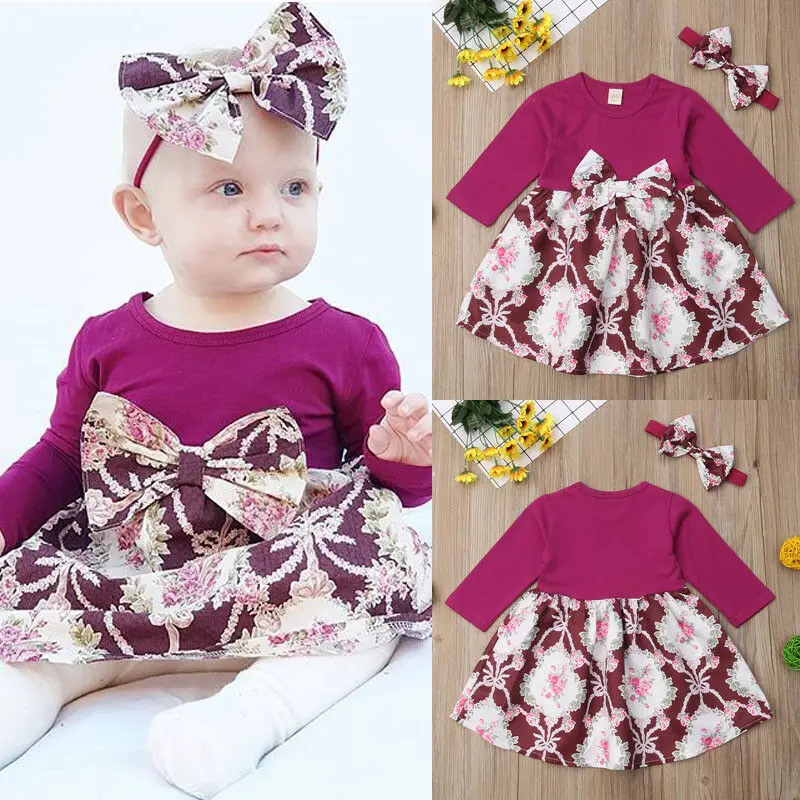 

Autumn Winter Toddler Kid Baby Girls Floral Solid Patchwork Bowknot Long Sleeve Party Pageant Princess Tutu Dress 2Pcs Clothes