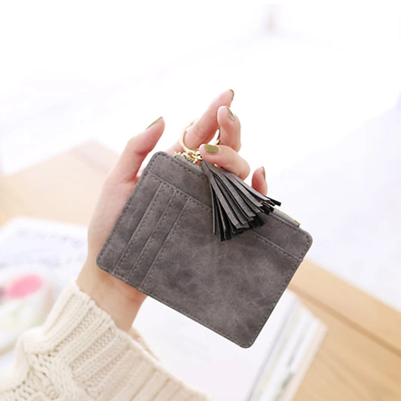Matt Leather Mini Tassel Women Card Holder Cute Credit ID Card Holders Zipper Wallet Case Change Coin Purse Keychain Nubuck New