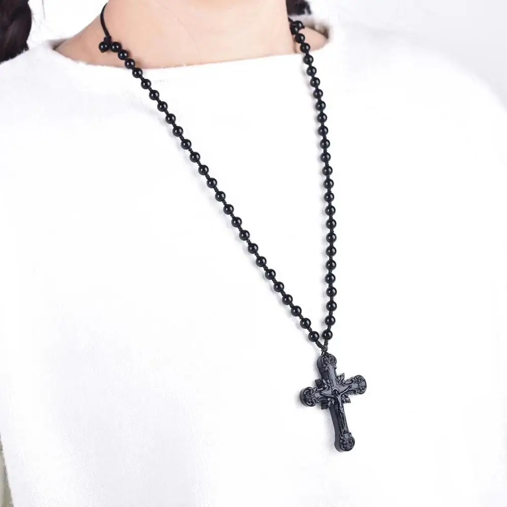 

Natural Crystal Stone Obsidian Cross Necklace Pendant Quartz Mineral Fashion Lucky Jewelry