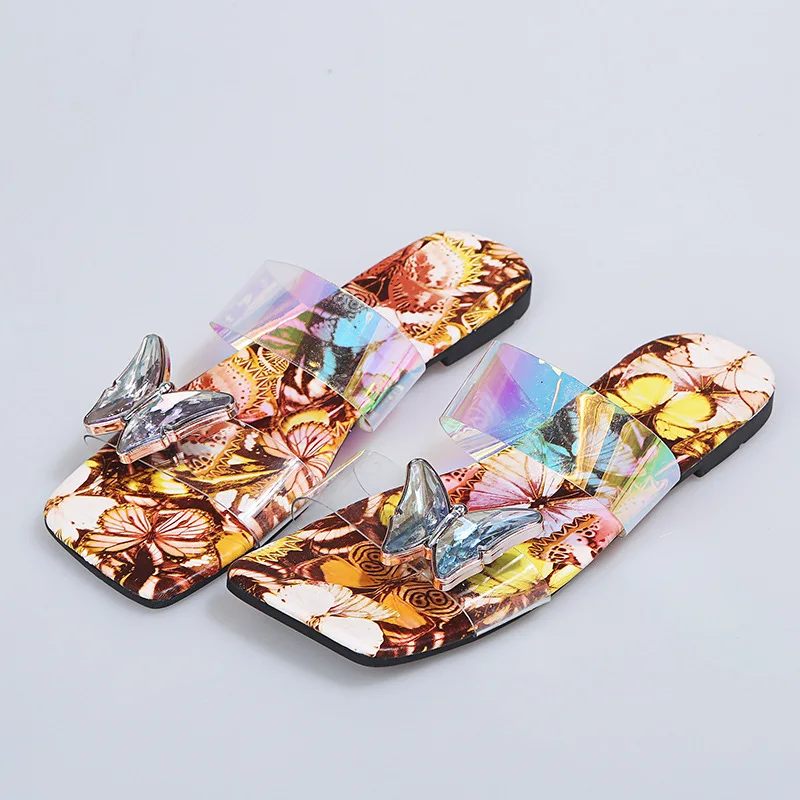 

2021 New Style Sandals Large Size Slippers Summer Women's Butterfly Pattern Transparent Sandals Flat Bottom Light Slippers