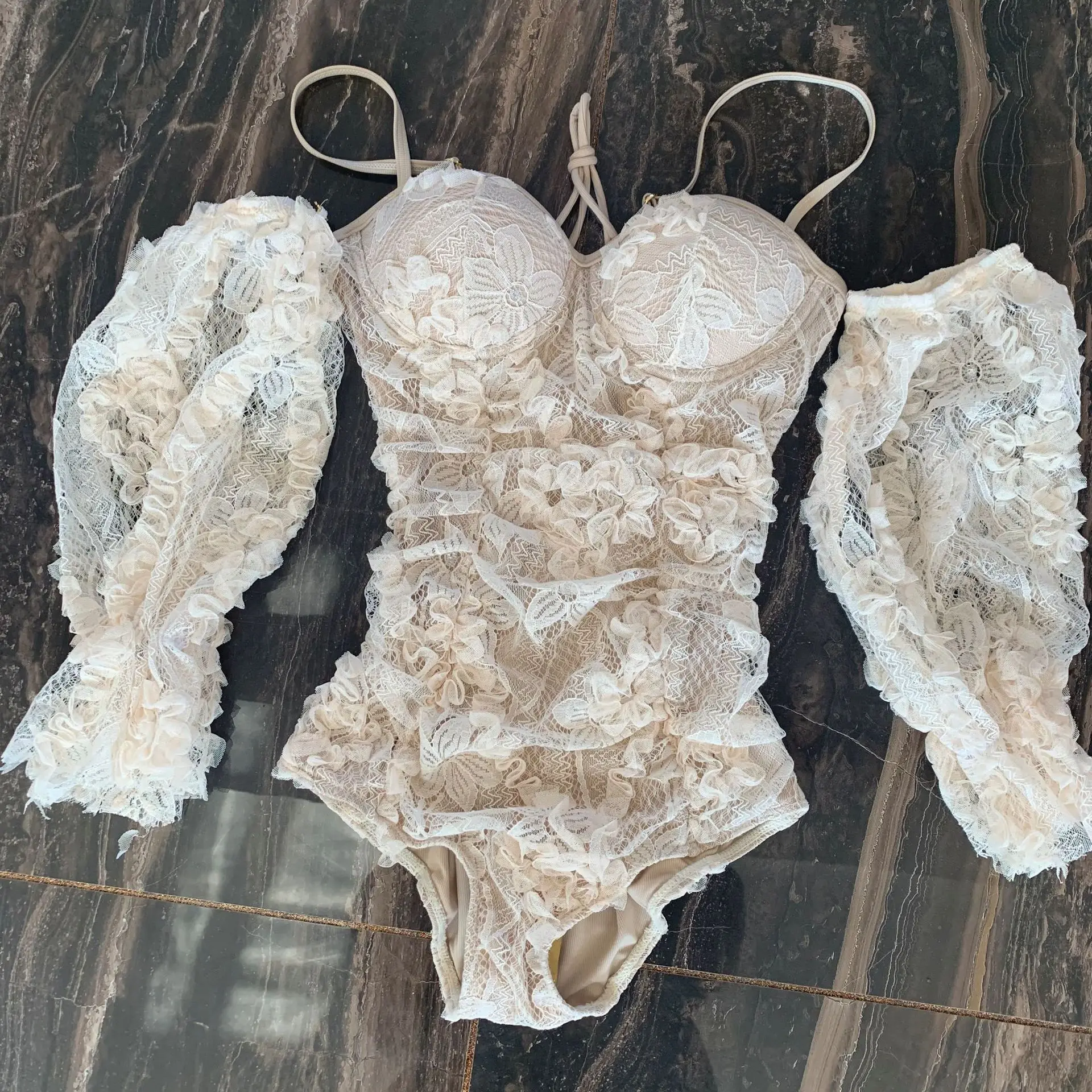 

Female Swimsuit 2020 Bikini Push Up Swimwear Summer Swim Suit New One Piece Long Sleeve Three Lace Underwire Bracket Solid